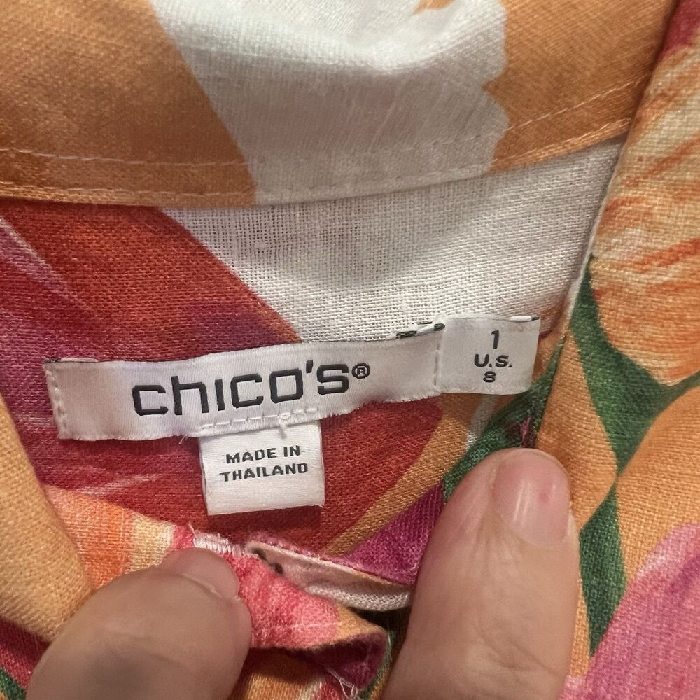 Chicos Shirt Women 1 US 8 Orange Pink Foliage Floral No Iron Linen 3/4 Sleeve - Picture 4 of 9